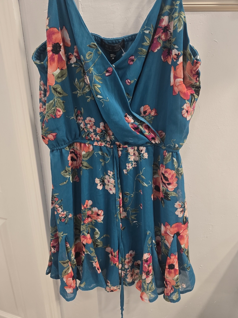Trixxi Teal Floral Wrap Romper with Coral and Pink Flowers